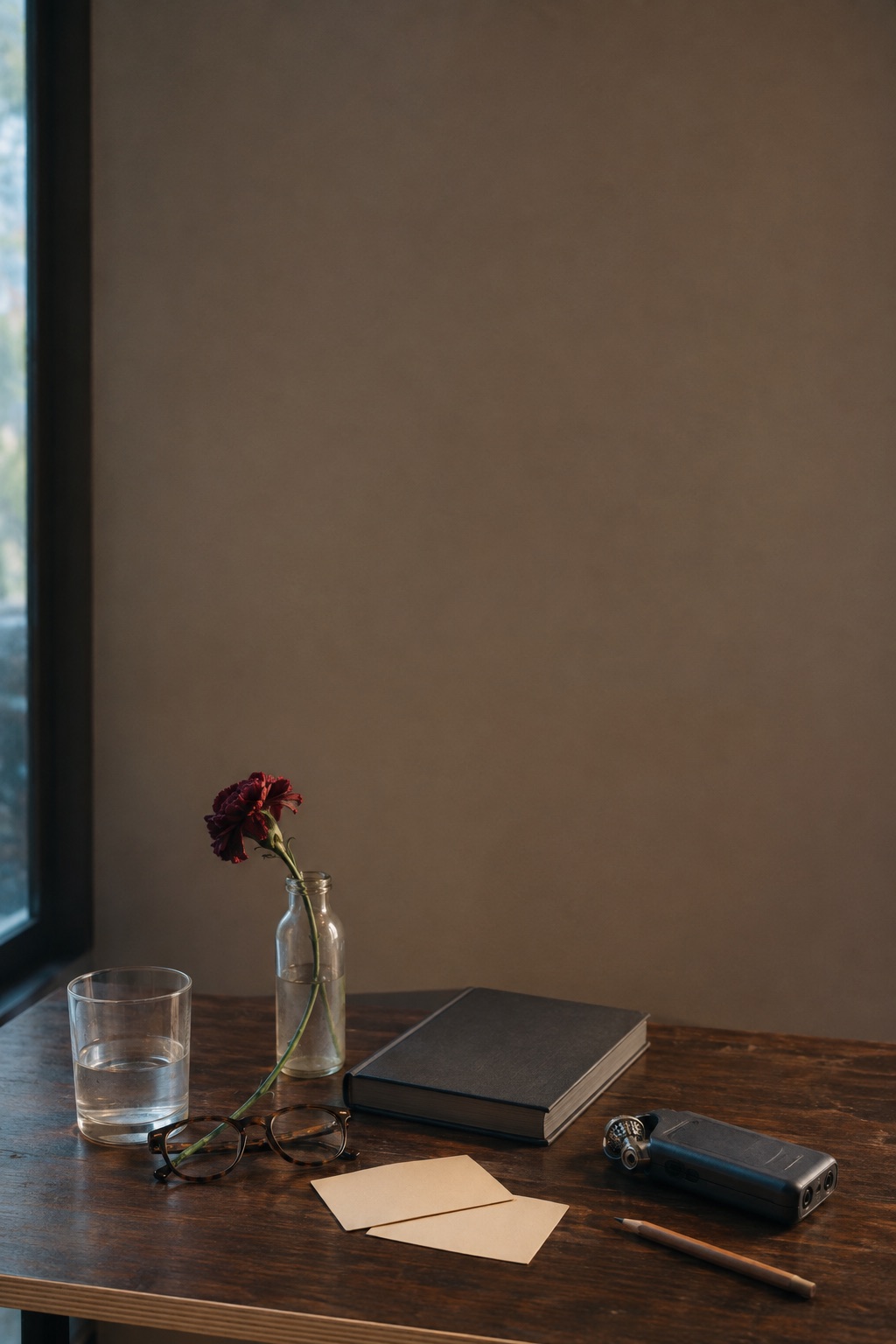 A notebook, recorder, flower, and water set out for an author conversation