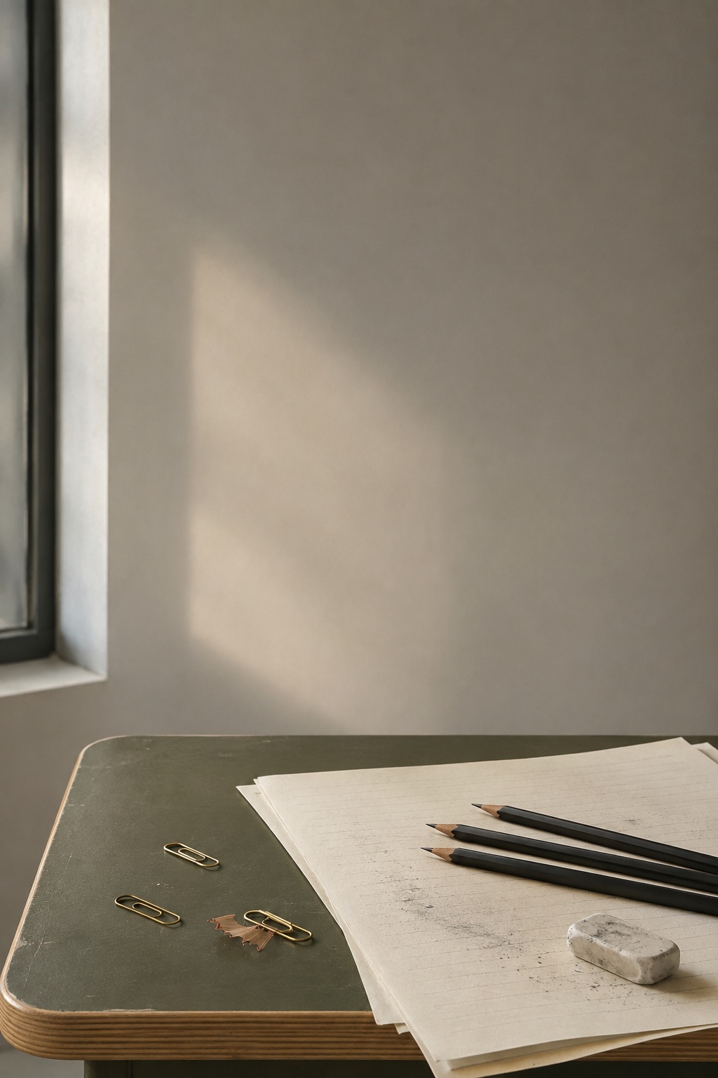 Paper, pencils, an eraser, and small tools arranged for careful creative work