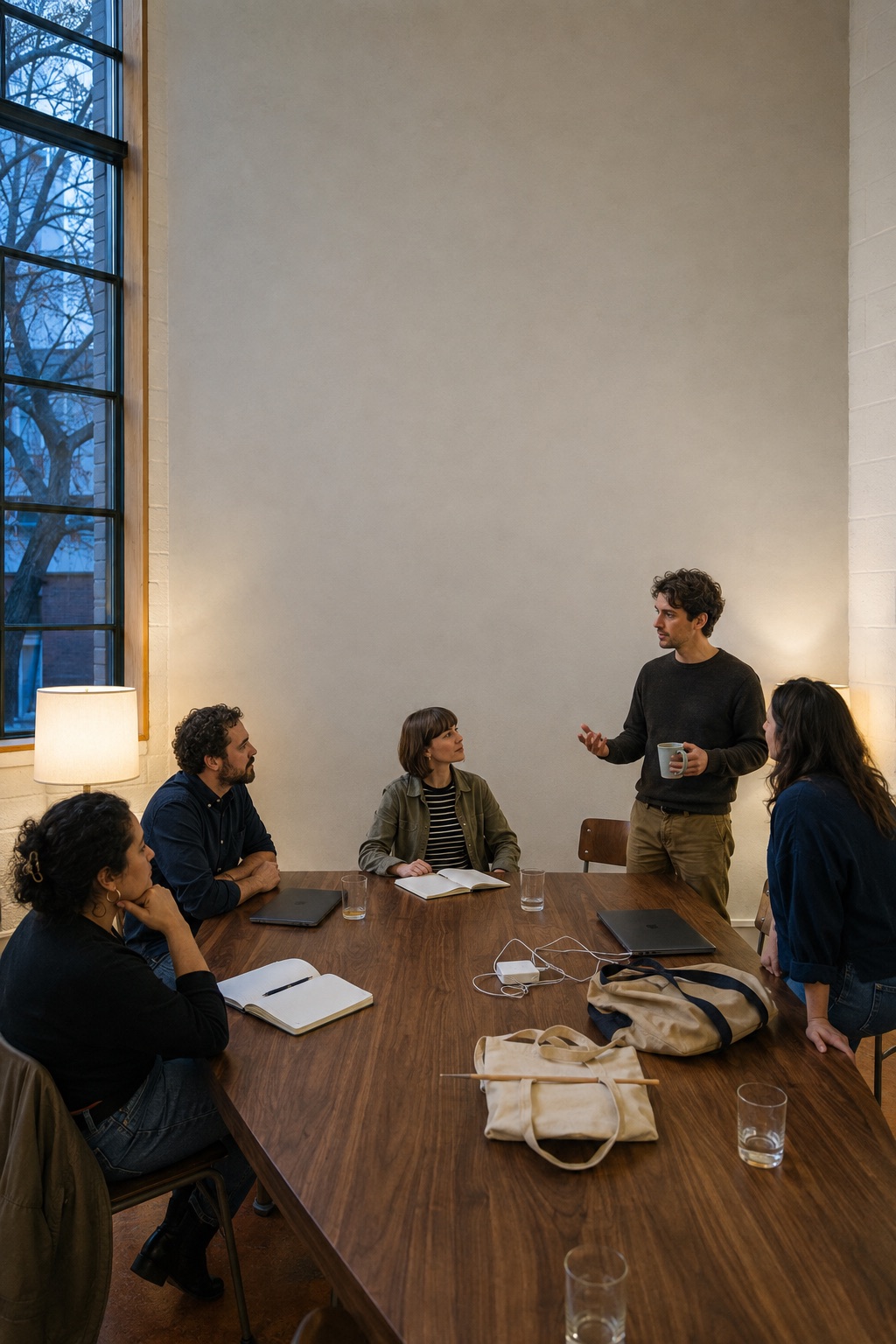 Five ATX Writing Club collaborators gathered around a long table after a session