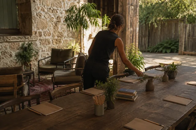 A host arranges notebooks and water at a long table in a warm Austin courtyard before a writing club event