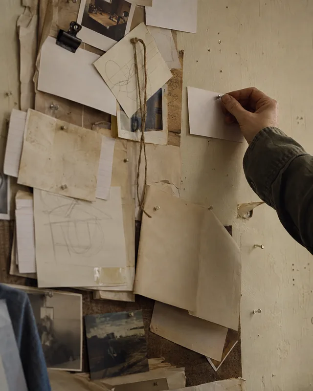 A writer pins a blank note among sketches, photographs, and paper fragments