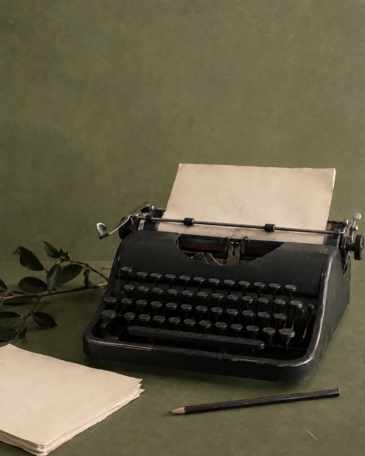 A manual typewriter beside a stack of pages