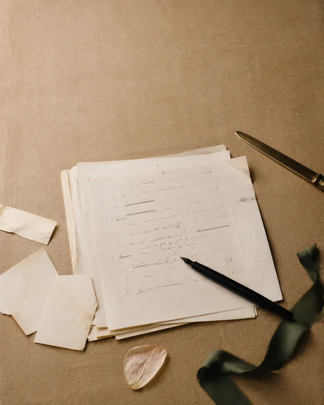 A revised manuscript gathered with pens, paper scraps, and dark ribbon