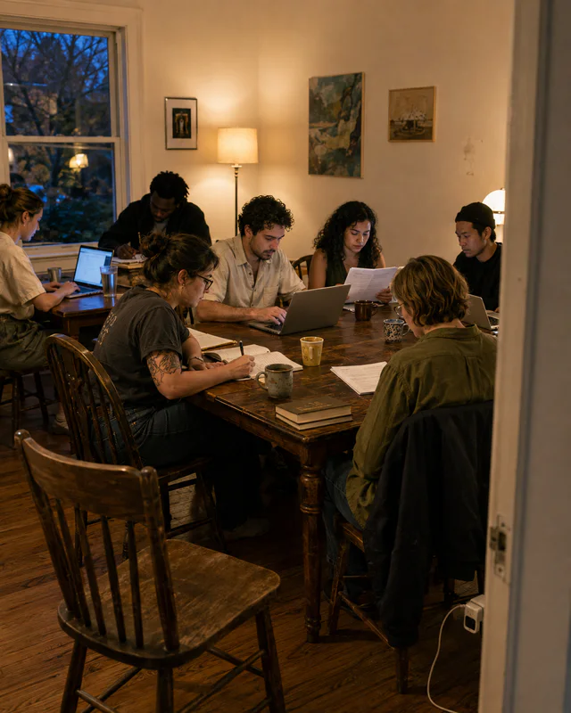 Writers gather around a table in a warmly lit room seen through a doorway