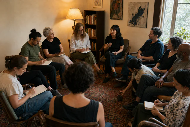 A guest author speaks to a circle of writers with open notebooks