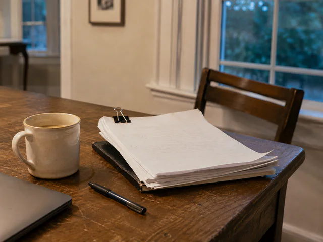 A marked manuscript, pen, and coffee resting on a writing table