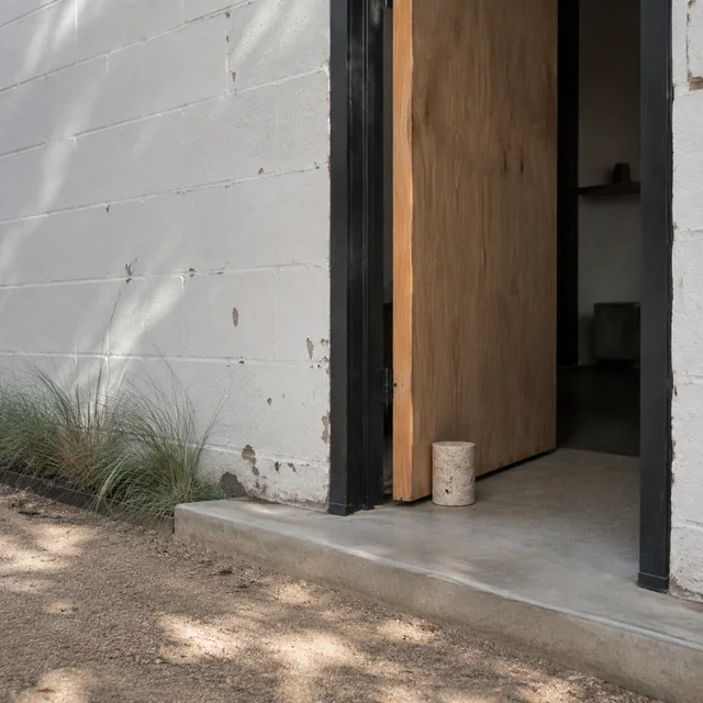An open wooden door leads into an Austin gathering space