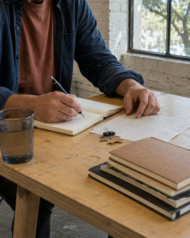A writer drafts in a notebook beside loose pages and a stack of journals