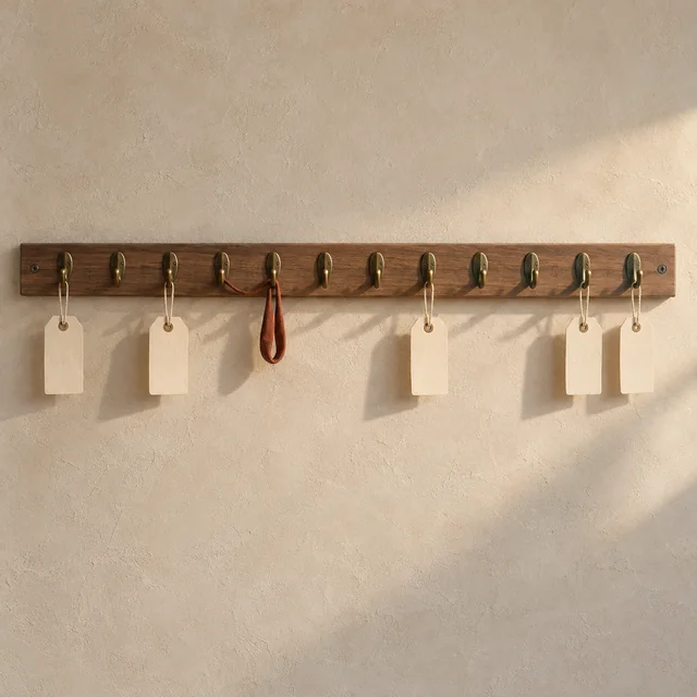 Twelve brass hooks hold blank tags and one rust-colored thread