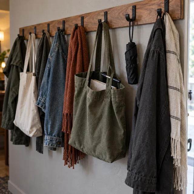 Coats, scarves, and writing bags hang inside a shared Austin room