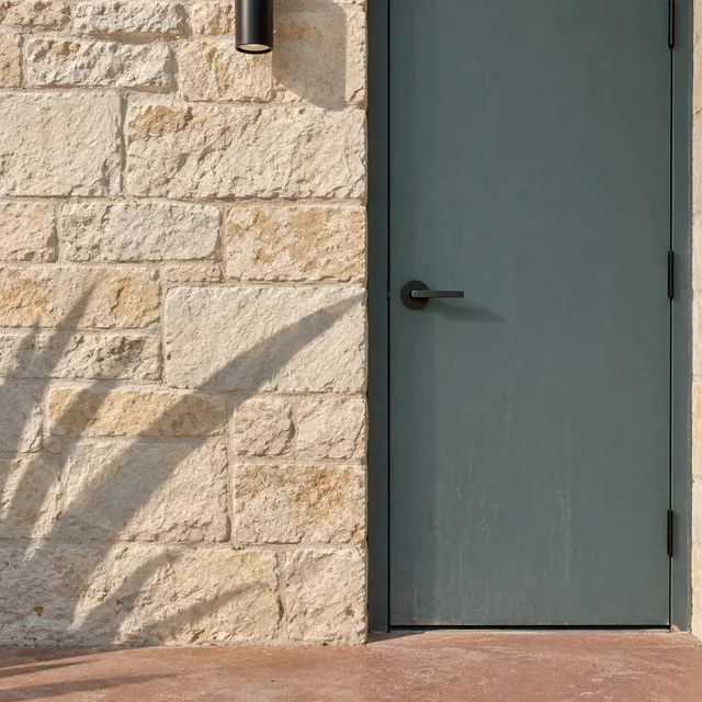 A blue door set into an Austin limestone wall in afternoon light