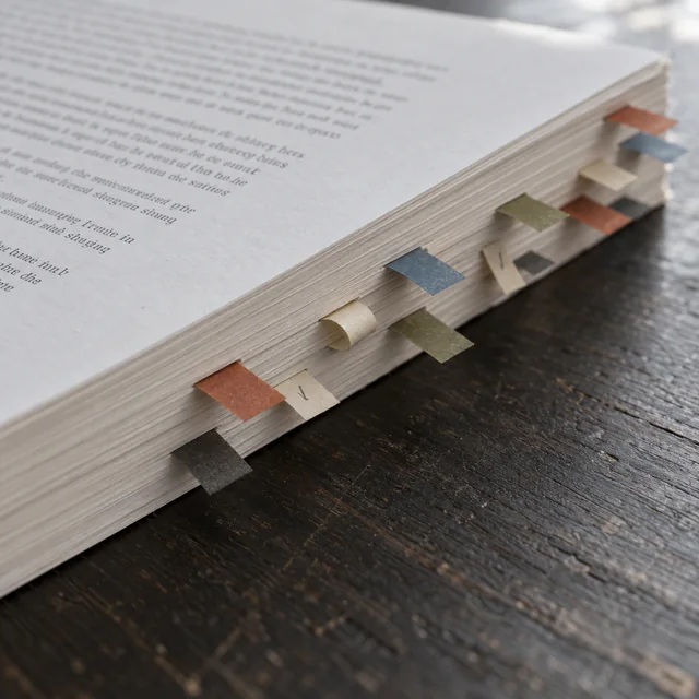 A manuscript thick with small colored revision flags
