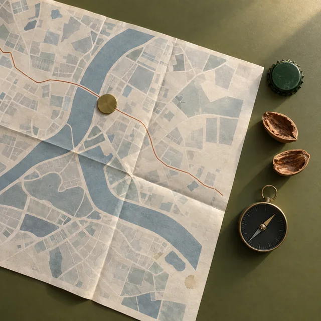A folded Austin route map beside a compass and pecan shells