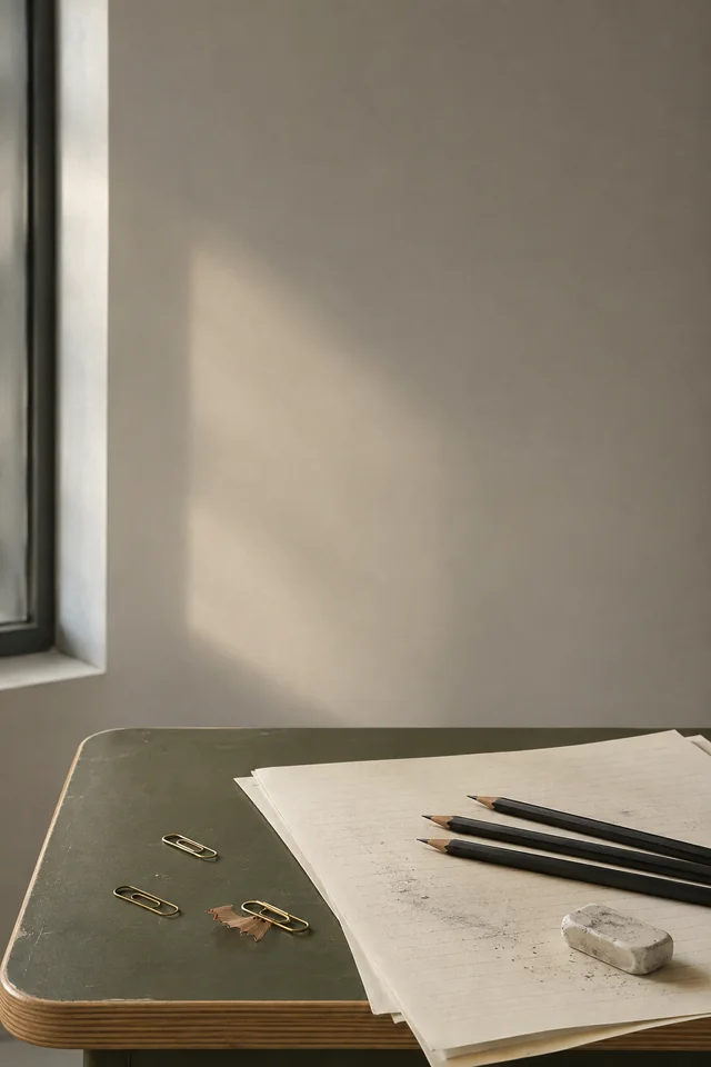 Fresh manuscript pages, pencils, clips, and an eraser rest on a green writing table