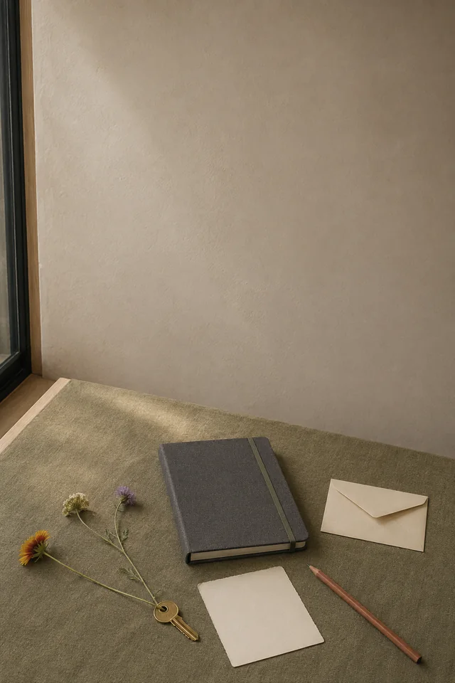 A modern key, notebook, pencil, blank cards, and dried flowers rest on a green table