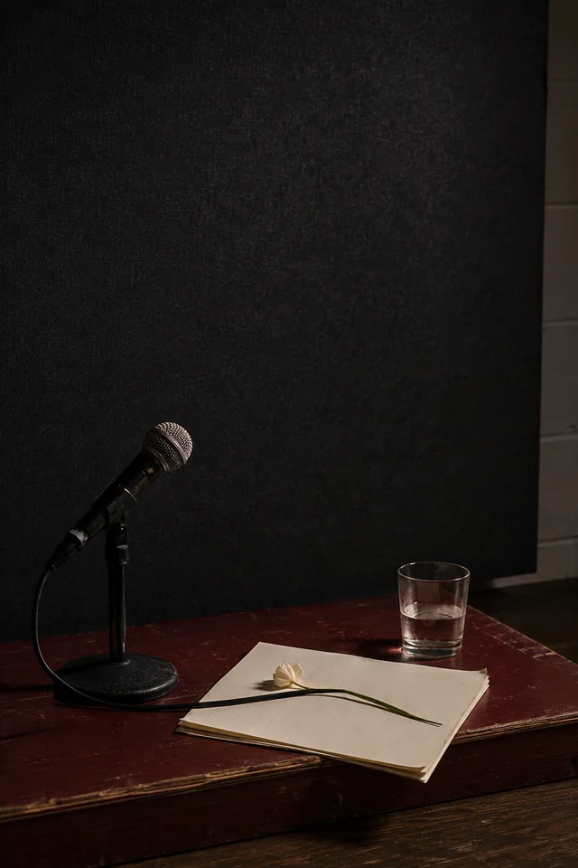 A microphone, reading pages, flower, and glass wait on a dark stage