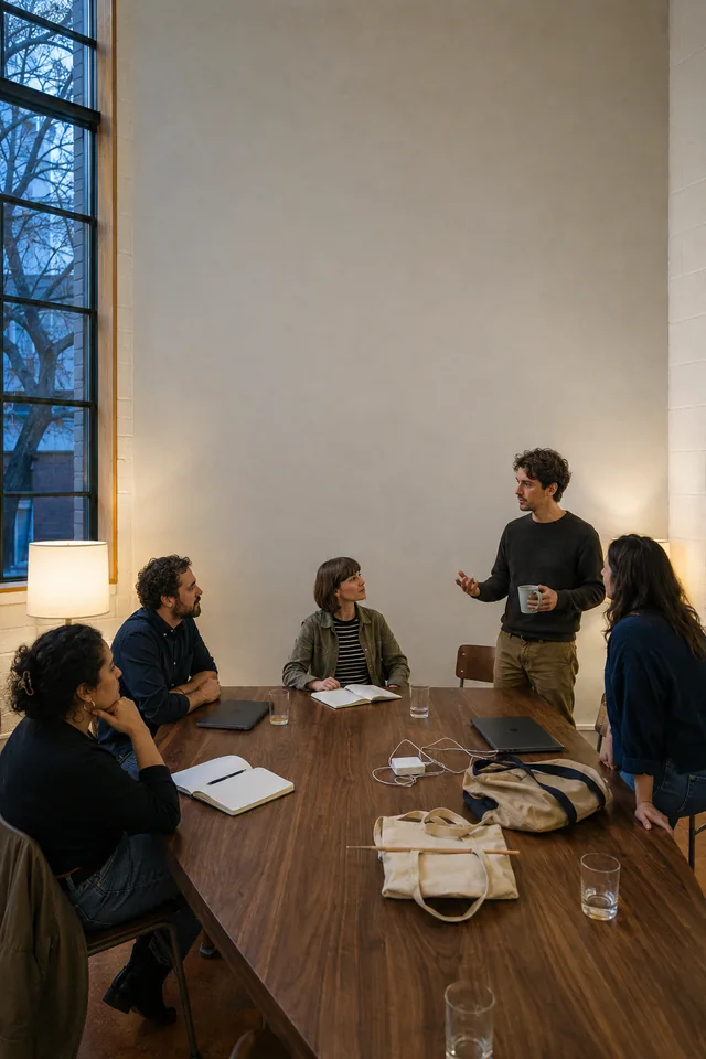 Five writers stand in conversation around a table after a shared session