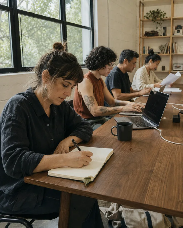 Four writers work in a row at a long wooden table beside a window