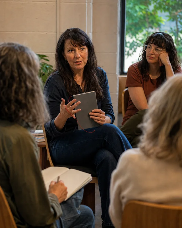 A guest author speaks with a small circle of writers holding notebooks
