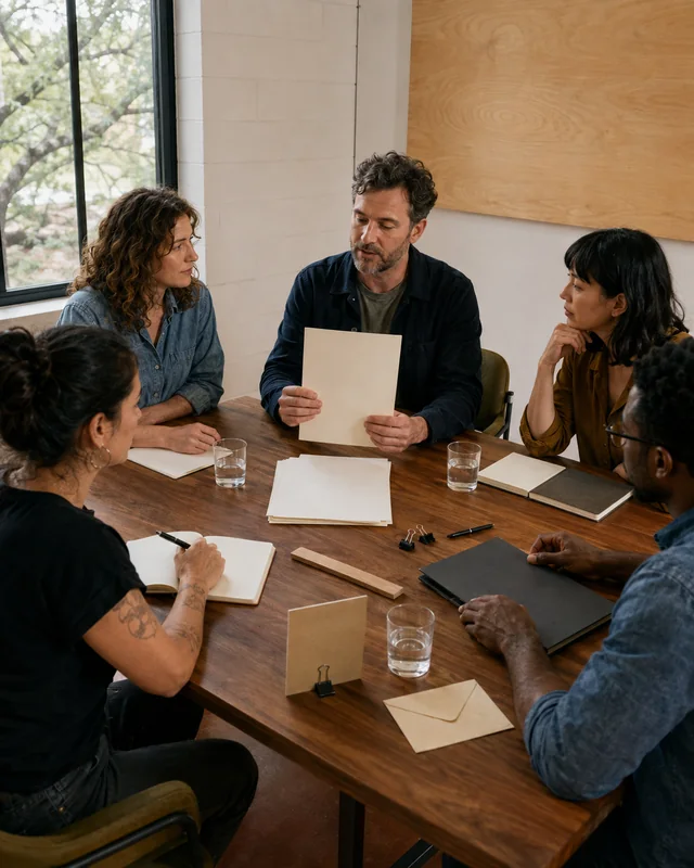 Five writers discuss a printed submission around a wooden table